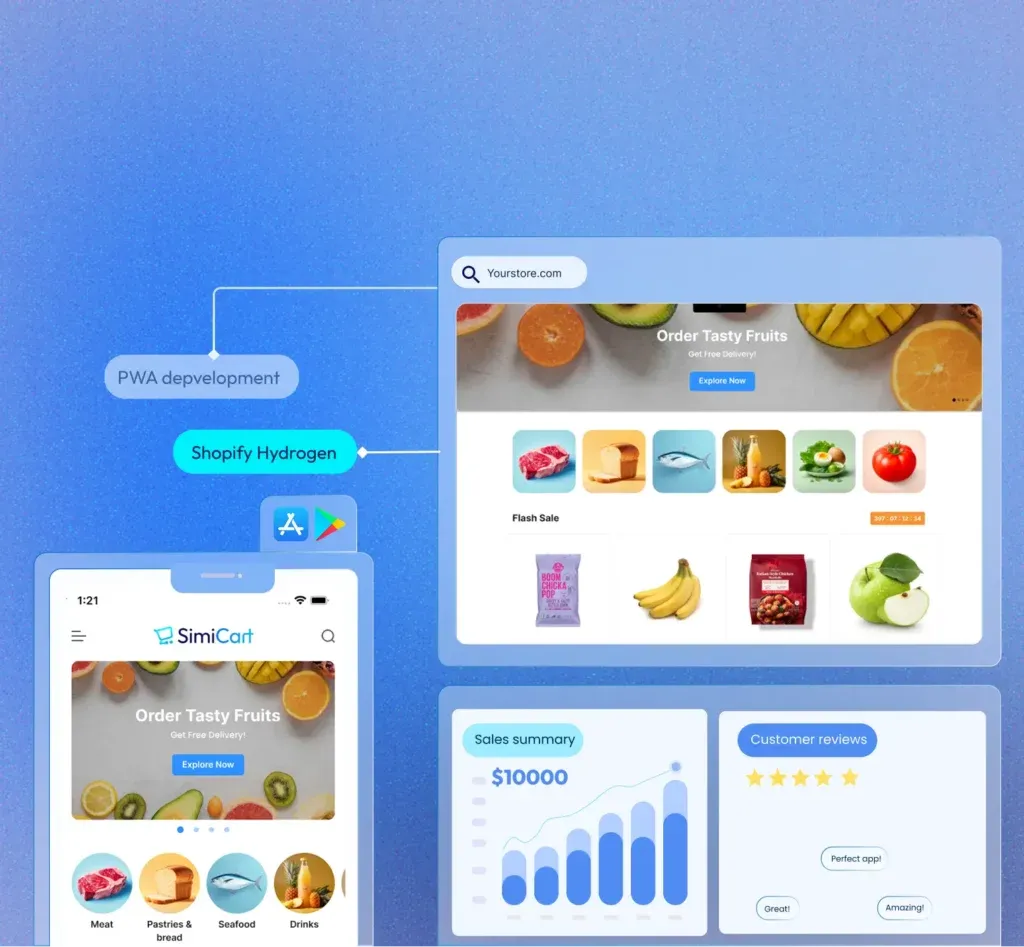 Shopify Hydrogen and PWA storefront next to a SimiCart mobile app