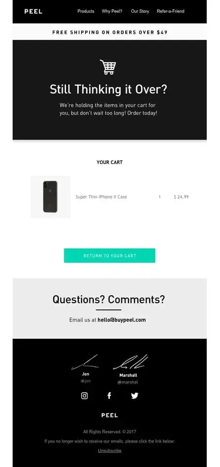 Peel's abandoned cart email example