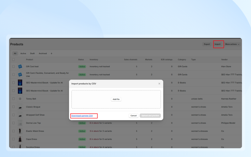 Download Shopify product import csv template from within Shopify