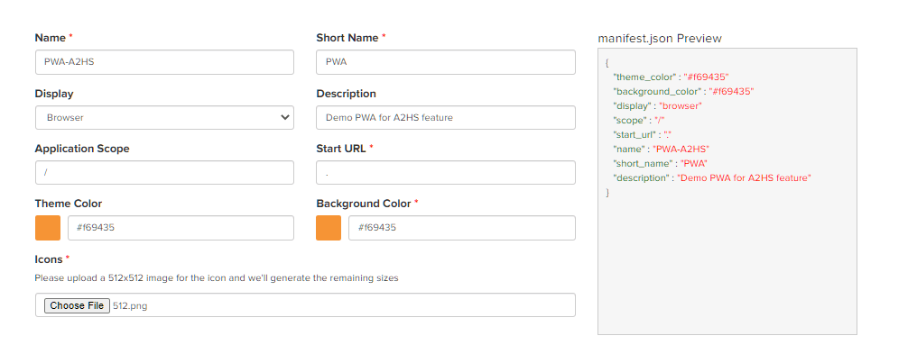 Optimal configuration for web app manifest generator